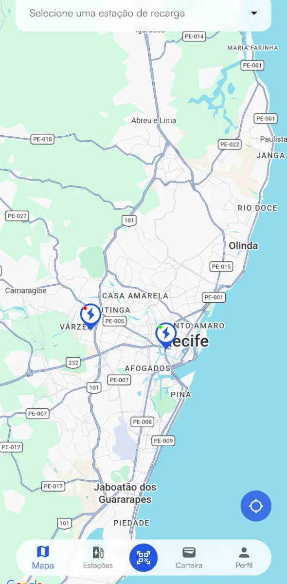 Aplicativo de recarga da MicroRED: mapa com estações de recarga em Recife e menu inferior com mapa, estações, carteira e perfil