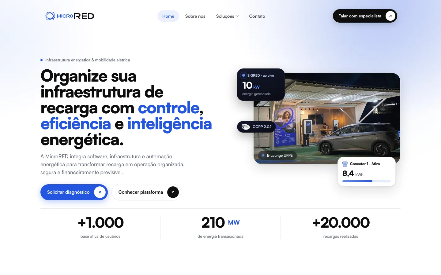 Página inicial da MicroRED: título 'Organize sua infraestrutura de recarga com controle, eficiência e inteligência energética' e foto de eletroposto