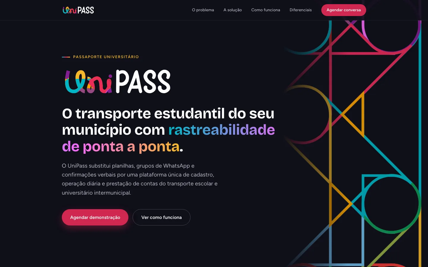 Página inicial do UniPass: logotipo colorido e título 'O transporte estudantil do seu município com rastreabilidade de ponta a ponta'