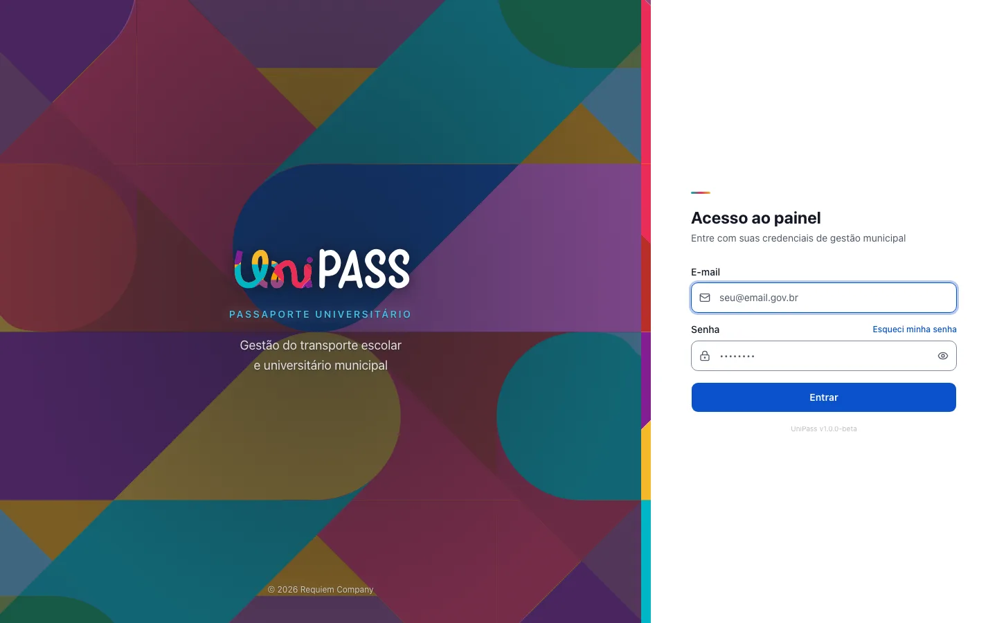 Tela de acesso ao painel de gestão do UniPass, com padrão geométrico colorido à esquerda e formulário de e-mail e senha à direita
